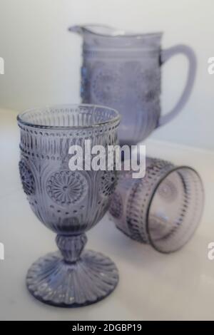 Amethyst colored glassware still life, USA Stock Photo
