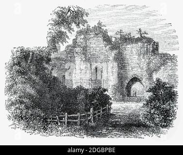 A 19th Century view of Goodrich Castle, Herefordshire, England. Built in the 12th century with a stone keep, it was expanded during the late 13th century to combine luxurious living quarters with extensive defences. Held first by Parliamentary and then Royalist forces in the English Civil War of the 1640s, it was finally besieged by Colonel John Birch in 1646 with the help of the huge 'Roaring Meg' mortar, resulting in the subsequent demolition of the castle. In the 18th century, the castle became the subject of paintings and poems, providing inspiration for Wordsworth's 'We are Seven'. Stock Photo