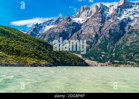 View of beautiful snow mountain on the shore of Lake Grey Stock Photo