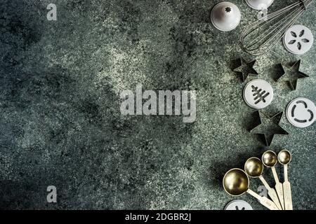 Overhead view of kitchen utensils on a worktop Stock Photo