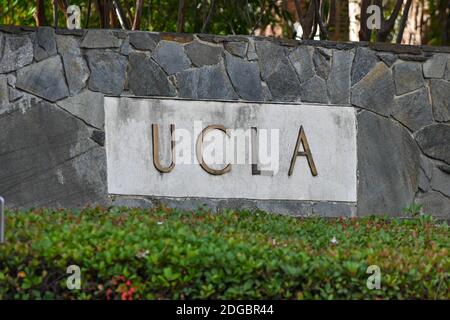 Signage reads “UCLA” near campus on Tuesday, December 8, 2020, in Los Angeles. (Dylan Stewart/Image of Sport) Stock Photo