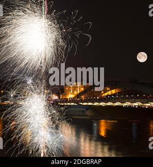Fireworks over city at night, Vilnius, Lithuania Stock Photo