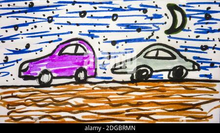 Cars Driving at Nature Cartoon Children Style Drawing Stock Photo