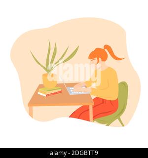 Woman working at home illustration concept. Beautiful young freelancer woman working on laptop illustration in vector flat style on abstract backgroun Stock Photo