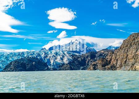 Scenic landscape of Grey Glacier and Grey Lake in sunny day at Torres del Paine National Park Stock Photo