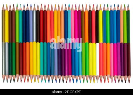 Bright double sided color pencils close up on white background, art ...