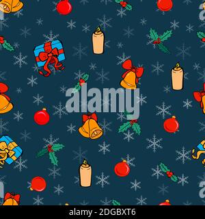 Hand drawn funny Christmas doodle style illustration. Christmas toys and snowflakes seamless pattern. Vector illustration for postcard, background or Stock Vector