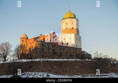 Russia Vyborg  Leningrad Oblast old castle with a high tower on the island Stock Photo