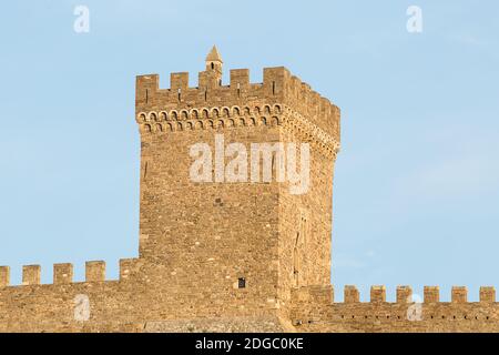 Krym Sudak ruins of the Genoese fortress old stone square tower with battlements on the roof of the Stock Photo