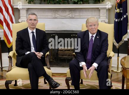 US President Donald Trump meets with Secretary General Jens Stoltenberg of NATO.in the Oval Office of the White House in Washington, DC, April 12, 2017. Photo by Olivier Douliery/ABACAPRESS.COM Stock Photo