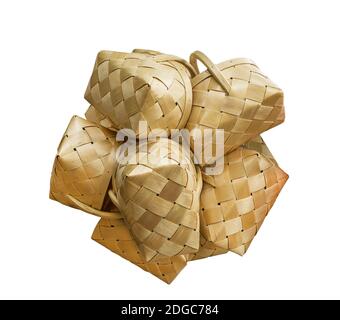 Traditional wicker basket made from bark straw color bunch on white background Stock Photo