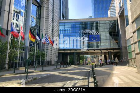 Brussels, Belgium, June, 2019, Modern building of European Parliament in the European quarter in Brussels, Belgium.