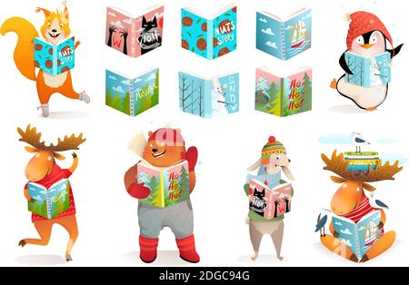 Animals and Books Reading Study Collection Stock Vector