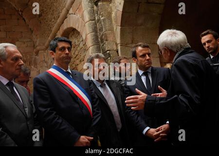 Philippe LACROIX, Mayor of Oradour sur Glane, Robert Hébras, last living survivor of 1944 massacre. during the visit fo the hopeful president, Emmanuel Macron where the presidential candidate paid his respects to the 642 victims of the 1944 massacre, at Oradour Sur Glace, France, on April 28, 2017. Photo by Magnum/ABACAPRESS.COM