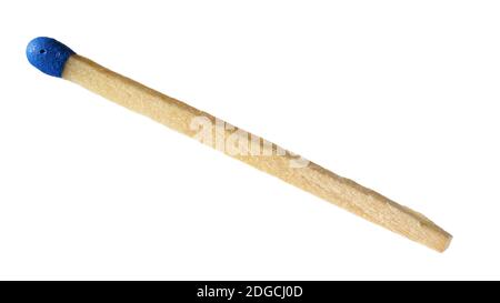 Single match with blue head, closeup detail photo isolated on white background Stock Photo