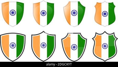 Vertical India flag in shield shape, four 3d and simple versions. Indian icon / sign Stock Vector