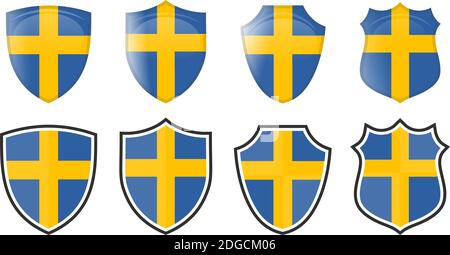 Vertical Swedish flag in shield shape, four 3d and simple versions. Sweden icon / sign Stock Vector