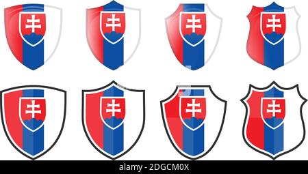 Vertical Slovak flag in shield shape, four 3d and simple versions. Slovakia icon / sign Stock Vector