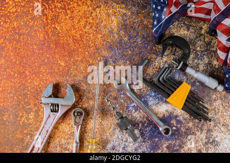 Construction tools happy Labor day copy space for text on background. Stock Photo