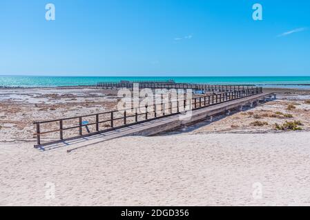 Wooden boardwalk at Hamelin pool used for view at stromatolites, Australia