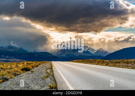 View of the road to El Chalten with Mount Fitz Roy in the mist Stock Photo