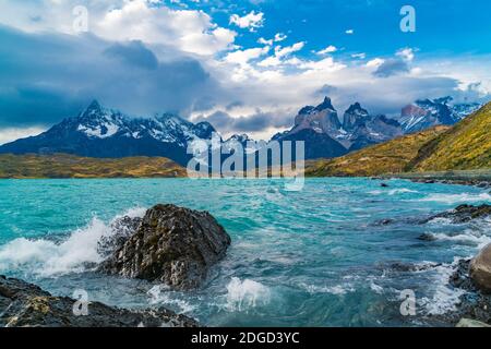Beautiful scenic landscape at Lake Pehoe and Cuernos del Paine Mountains Stock Photo