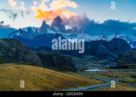 View of the famous Mount Fitz Roy or Cirro Fitz Roy at El Chalten Village Stock Photo
