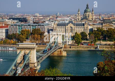 View of the Chain Bridge across the Danube in Budapest, Hungary Stock Photo