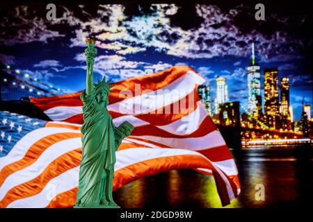 Brooklyn Bridge and The Statue of Liberty at Night, New York City Stock Photo