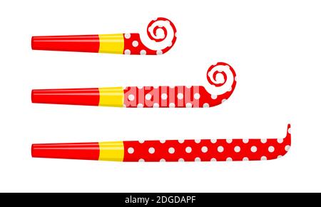 Rolled and unrolled party blowers, horns, noise makers, sound whistles isolated on white background. Side view. New year celebration, kids birthday concept. Vector cartoon illustration. Stock Vector