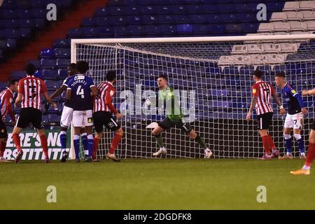 OLDHAM, ENGLAND. DECEMBER 8TH Oldham Athletic's Ian Lawlor (Goalkeeper) saves a shot during the EFL Trophy match between Oldham Athletic and Sunderland at Boundary Park, Oldham on Tuesday 8th December 2020. (Credit: Eddie Garvey | MI News) Credit: MI News & Sport /Alamy Live News Stock Photo