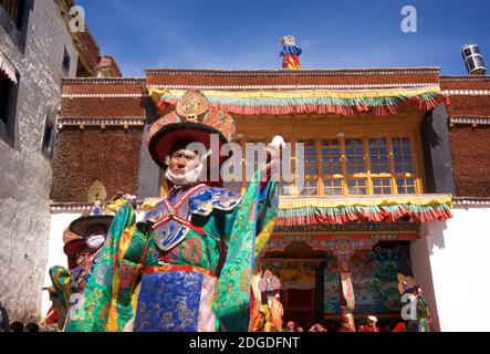 Masked cham dancer performing at the Zanskar or Karsha Gustor festival, celebrated at Karsha monastery, near Padum Zanskar Valley, Ladakh, Jammu and Kashmir, northern India Stock Photo