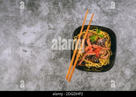 Ready soba noodles with ginger, mushrooms and soy sauce Stock Photo
