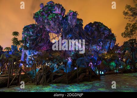 Hand out photo - The dramatic daytime beauty of the land transforms to glow by night when bioluminescent flora and intricate nighttime experiences add a dreamlike quality to Pandora - The World of Avatar at Disney's Animal Kingdom. Pandora brings a variety of experiences to the park, including the family friendly Na'vi River Journey attraction, the thrilling Flight of Passage attraction, as well as new food, beverage and merchandise locations. Disney’s Animal Kingdom is one of four theme parks at Walt Disney World Resort in Lake Buena Vista, FL, USA, May 24, 2017. Photo by Disney via ABACAPRES Stock Photo