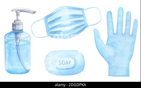 Antiseptic, soap, face mask and rubber gloves Stock Photo