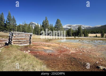 Soda Springs in Tuolumne Meadows, Yosemite National Park, USA.  Lembert Dome can be seen behind the tree line. Minerals have caused the colours. Stock Photo