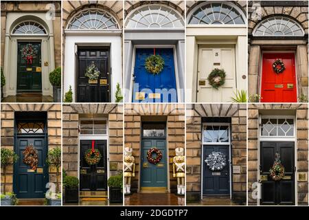 Composite of New Town Georgian townhouses front doors with Christmas wreaths, Edinburgh, Scotland, UK Stock Photo