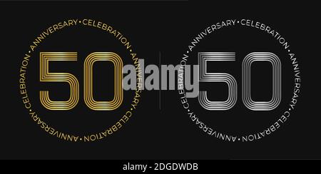 50th birthday. Fifty years anniversary celebration banner in golden and silver colors. Circular logo with original numbers design in elegant lines. Stock Vector