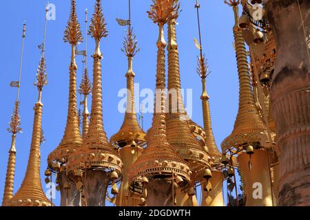 Some of the 1054 pagodas of the Indein pagoda forest at Inle Lake in Myanmar Stock Photo
