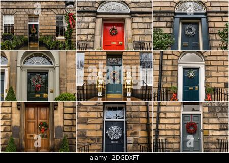 Composite of New Town Georgian townhouses front doors with Christmas wreaths, Edinburgh, Scotland, UK Stock Photo