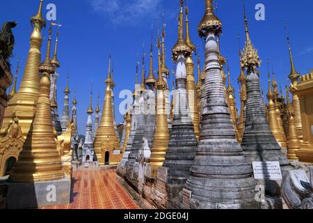 Some of the 1054 pagodas of the Indein pagoda forest at Inle Lake in Myanmar Stock Photo