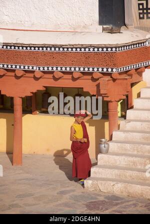 Young novice monk with a jug of tea and a cup, Hemis monastery, Hemis,  Ladakh, Jammu and Kashmir, India Stock Photo