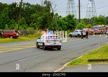 Sayreville NJ USA - Jujy 02, 2018: Police flashing blue lights at accident damaged car Stock Photo