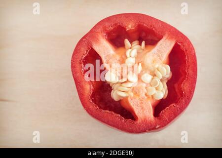 Cross-section of red bell pepper, top view. Stock Photo