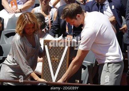 Estelle Mossely and Alexander Skarsgard at the Latvia's Jelena Ostapenko when she won against Romania's Simona Halep in the women final of the 2017 French Tennis Open in Roland-Garros Stadium, Paris, France on June 10th, 2017. Alexander Skarsgard and Estelle Mossely presented the Coupe Suzanne-Lenglen in its Louis Vuitton travel case, carrying the trophy down the stairs to the front row of the Presidential Box. Skarsgard, a Swedish actor who also directs and writes screenplays, is the star of the True Blood series and the Tarzan film, released in 2016. Mossely is a boxer and won a gold medal a Stock Photo