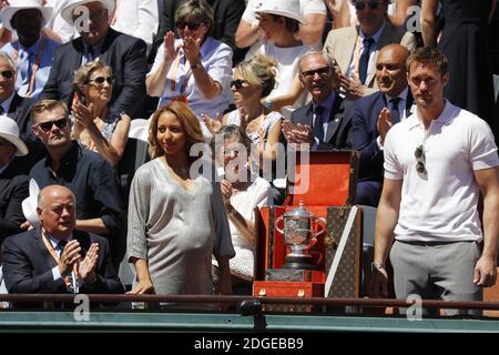 Estelle Mossely and Alexander Skarsgard at the Latvia's Jelena Ostapenko when she won against Romania's Simona Halep in the women final of the 2017 French Tennis Open in Roland-Garros Stadium, Paris, France on June 10th, 2017. Alexander Skarsgard and Estelle Mossely presented the Coupe Suzanne-Lenglen in its Louis Vuitton travel case, carrying the trophy down the stairs to the front row of the Presidential Box. Skarsgard, a Swedish actor who also directs and writes screenplays, is the star of the True Blood series and the Tarzan film, released in 2016. Mossely is a boxer and won a gold medal a