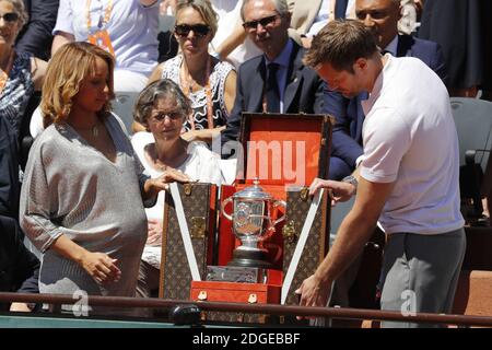 Estelle Mossely and Alexander Skarsgard at the Latvia's Jelena Ostapenko when she won against Romania's Simona Halep in the women final of the 2017 French Tennis Open in Roland-Garros Stadium, Paris, France on June 10th, 2017. Alexander Skarsgard and Estelle Mossely presented the Coupe Suzanne-Lenglen in its Louis Vuitton travel case, carrying the trophy down the stairs to the front row of the Presidential Box. Skarsgard, a Swedish actor who also directs and writes screenplays, is the star of the True Blood series and the Tarzan film, released in 2016. Mossely is a boxer and won a gold medal a