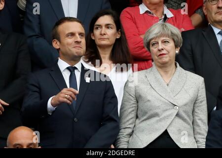 France's President Emmanuel Macron and England's Prime Minister Theresa May during the Friendly International Soccer match, France vs England at Stade de France in Saint-Denis, suburb of Paris, France on June 13th, 2017. France won 3-2. Photo by Henri Szwarc/ABACAPRESS.COM Stock Photo
