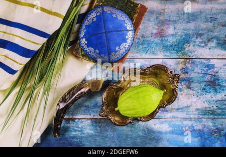 Jewish ritual festival of Sukkot in the jewish religious symbol Etrog, lulav, hadas, arava tallit praying book kippah and shofar Stock Photo