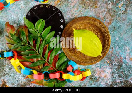 Jewish ritual festival of Sukkot in the jewish religious symbol Etrog, lulav, hadas, arava tallit praying book kippah and shofar Stock Photo